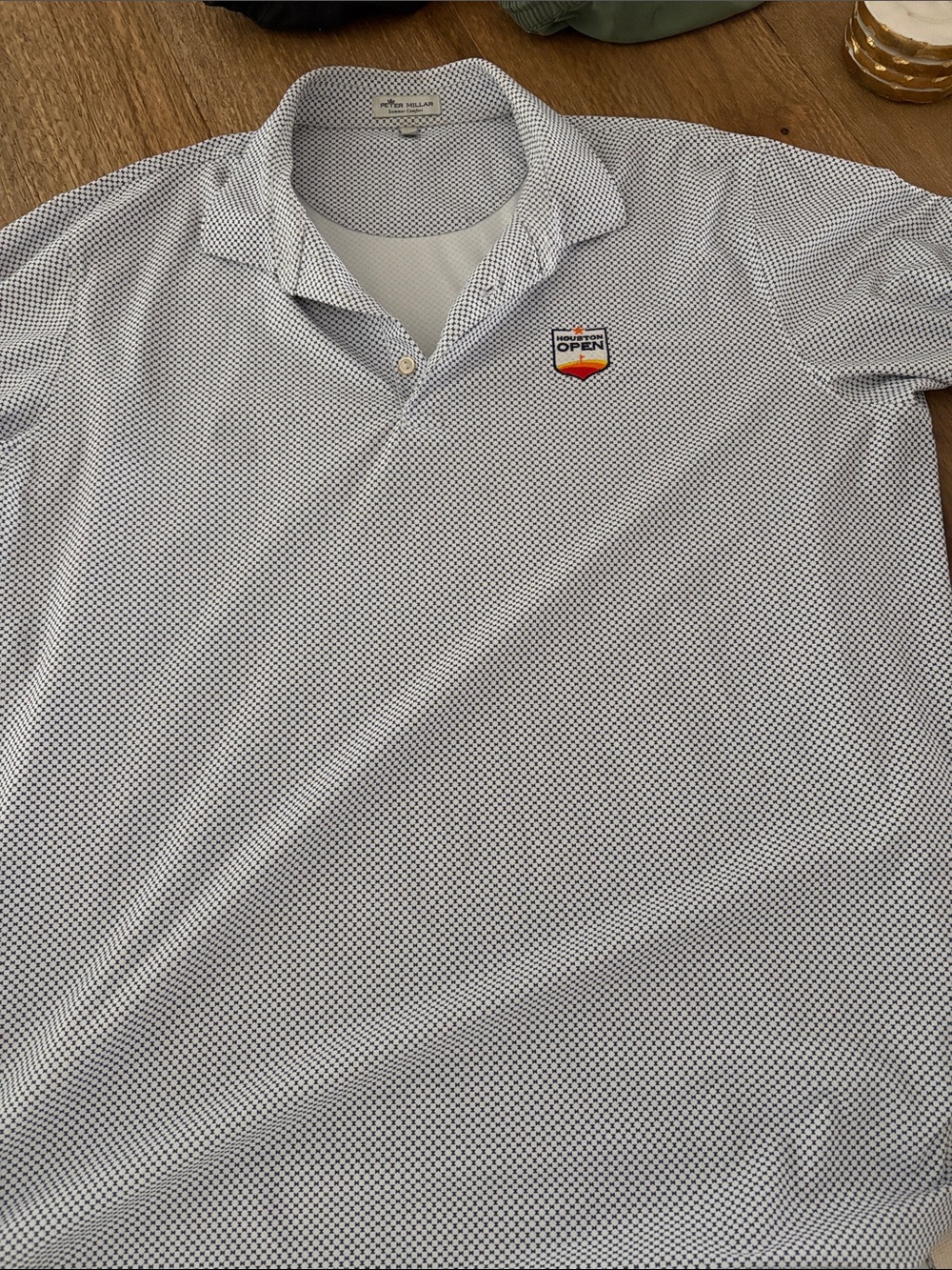 Peter Millar Men's White and Blue Micro-Pattern Polo with Embroidered Badge